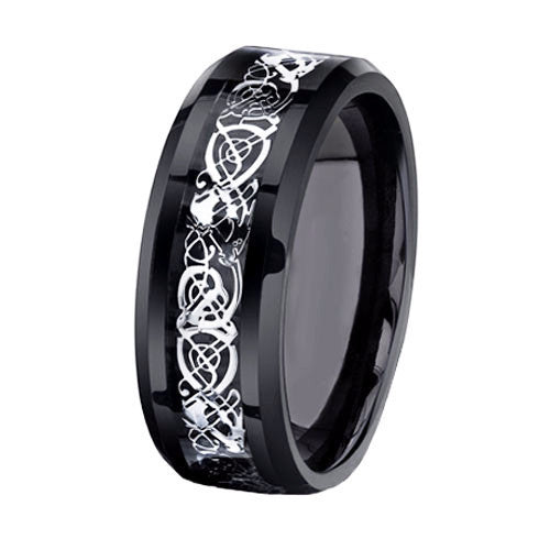 Beveled Silver Dragon Tungsten Wedding Ring - Friends of Irony LLC