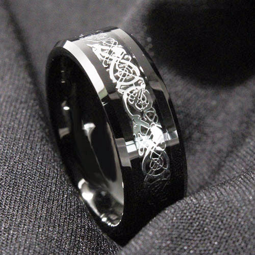 Beveled Silver Dragon Tungsten Wedding Ring - Friends of Irony LLC