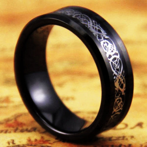 Beveled Silver Dragon Tungsten Wedding Ring - Friends of Irony LLC