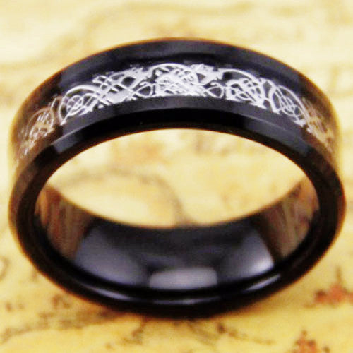 Beveled Silver Dragon Tungsten Wedding Ring - Friends of Irony LLC